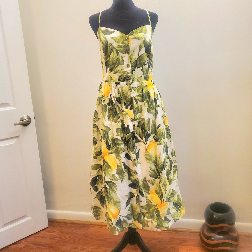 H&M Yellow and Green Lemon-Print Midi Dress